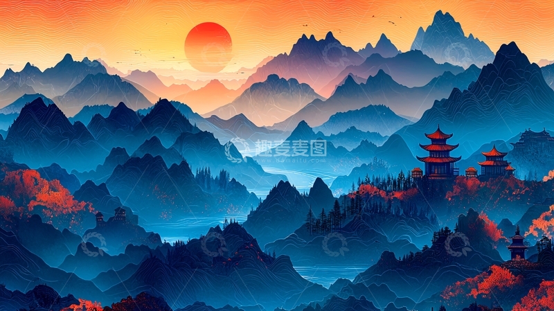 高清大图下载【趣麦麦图】中国风山水日出塔