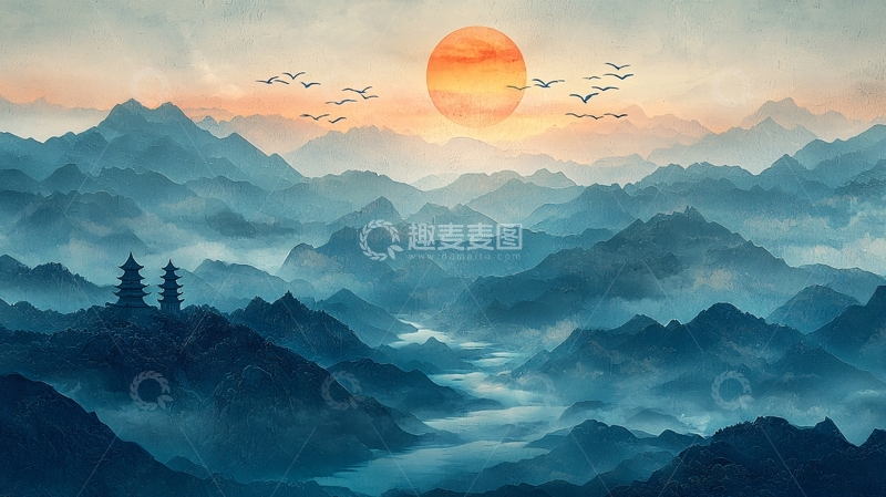 高清大图下载【趣麦麦图】-水墨山水日出飞鸟