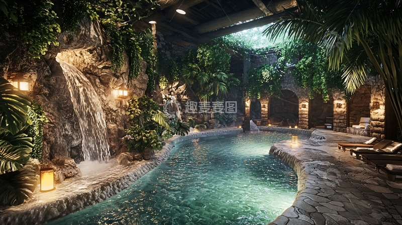 高清大图下载【趣麦麦图】室内瀑布泳池