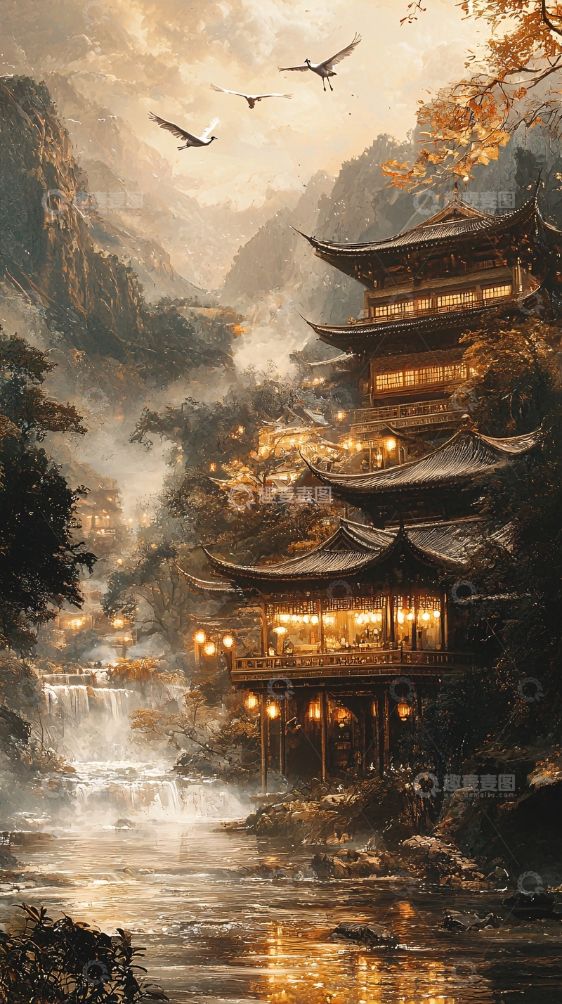 高清大图下载【趣麦麦图】古风山水楼阁飞鸟意境
