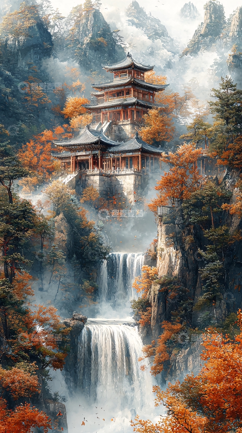 高清大图下载【趣麦麦图】山间瀑布寺庙秋色