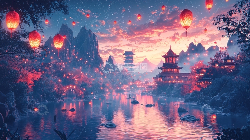 高清大图下载【趣麦麦图】中国风灯笼夜景唯美意境
