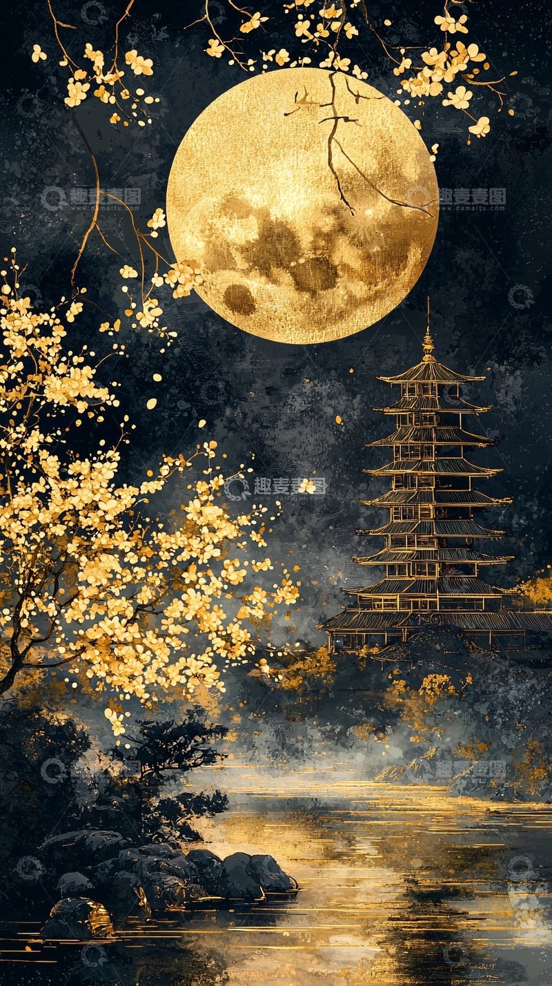 高清大图下载【趣麦麦图】金色月亮下的古塔