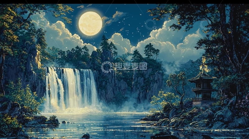 高清大图下载【趣麦麦图】夜晚森林瀑布月亮