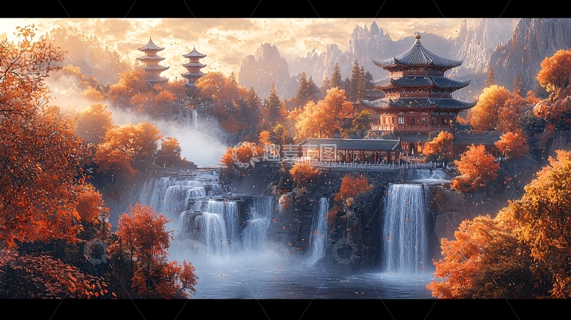 高清大图下载【趣麦麦图】中国风秋季瀑布寺庙