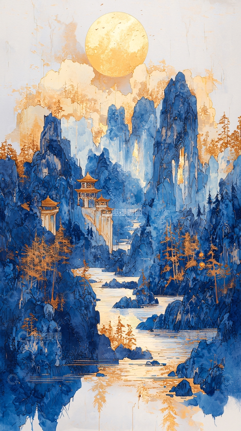 高清大图下载【趣麦麦图】青蓝色水墨山水金色月亮