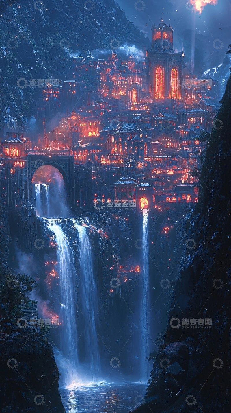 高清大图下载【趣麦麦图】梦幻山谷小镇夜景