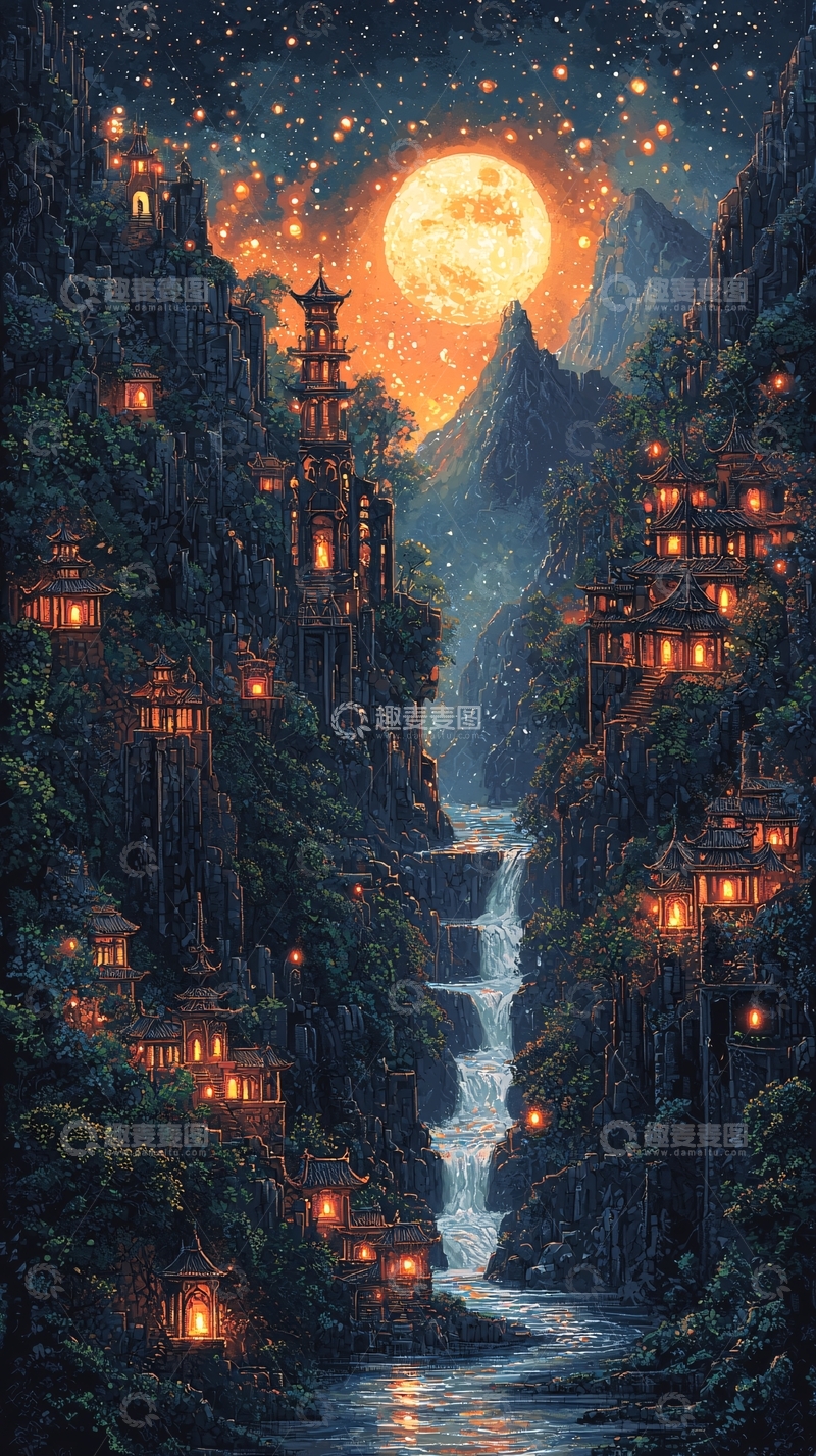 高清大图下载【趣麦麦图】山间夜景房屋灯光满月星空