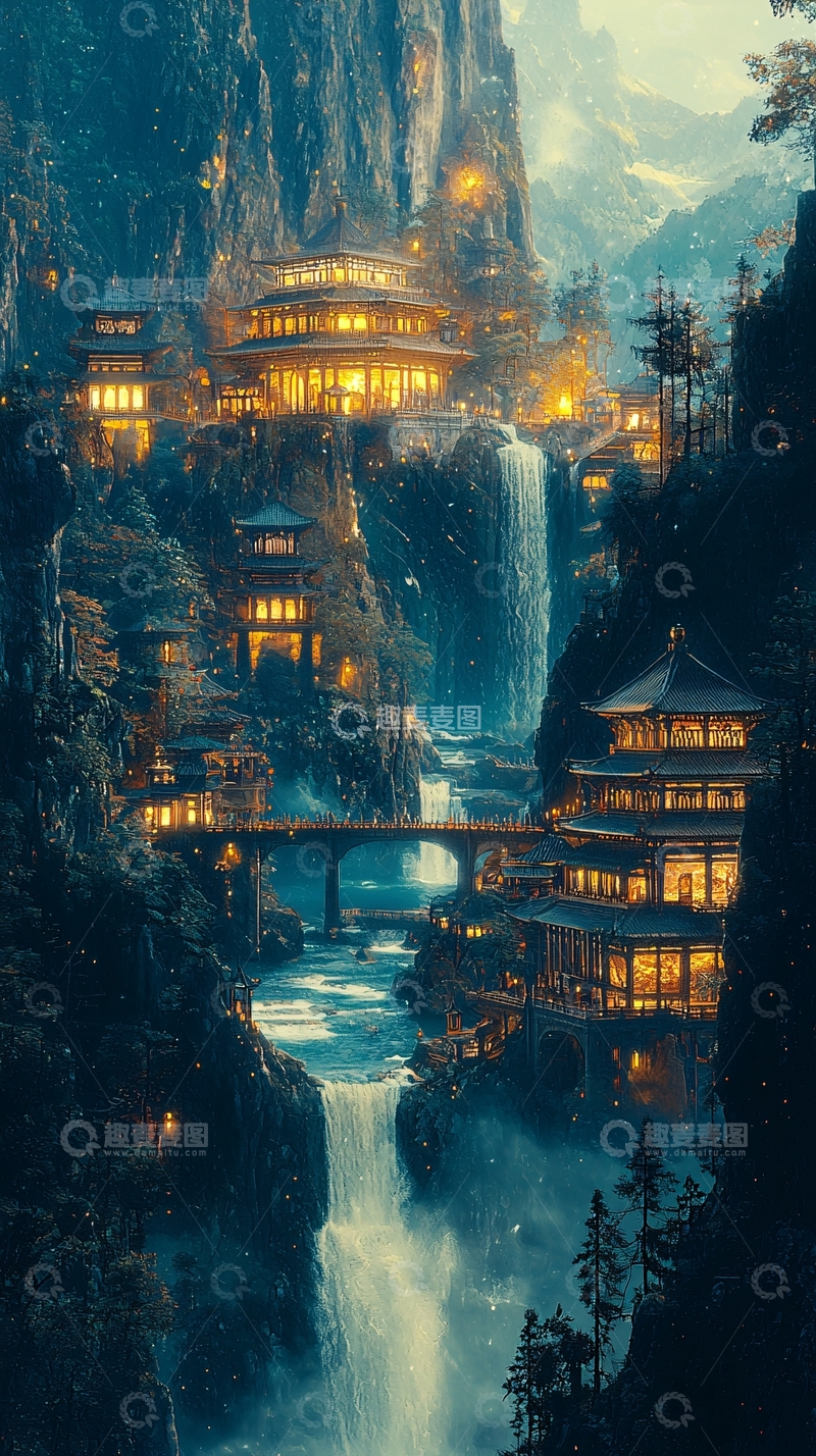 高清大图下载【趣麦麦图】悬崖上的中国风建筑群