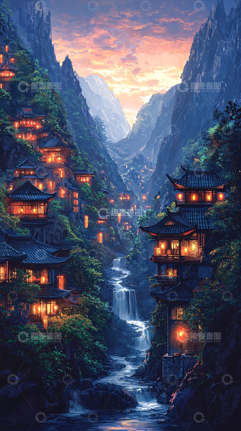 高清大图下载【趣麦麦图】山谷中的中式村落夜景