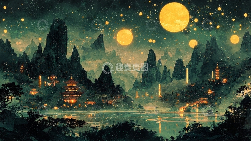 高清大图下载【趣麦麦图】夜幕下的山水城镇