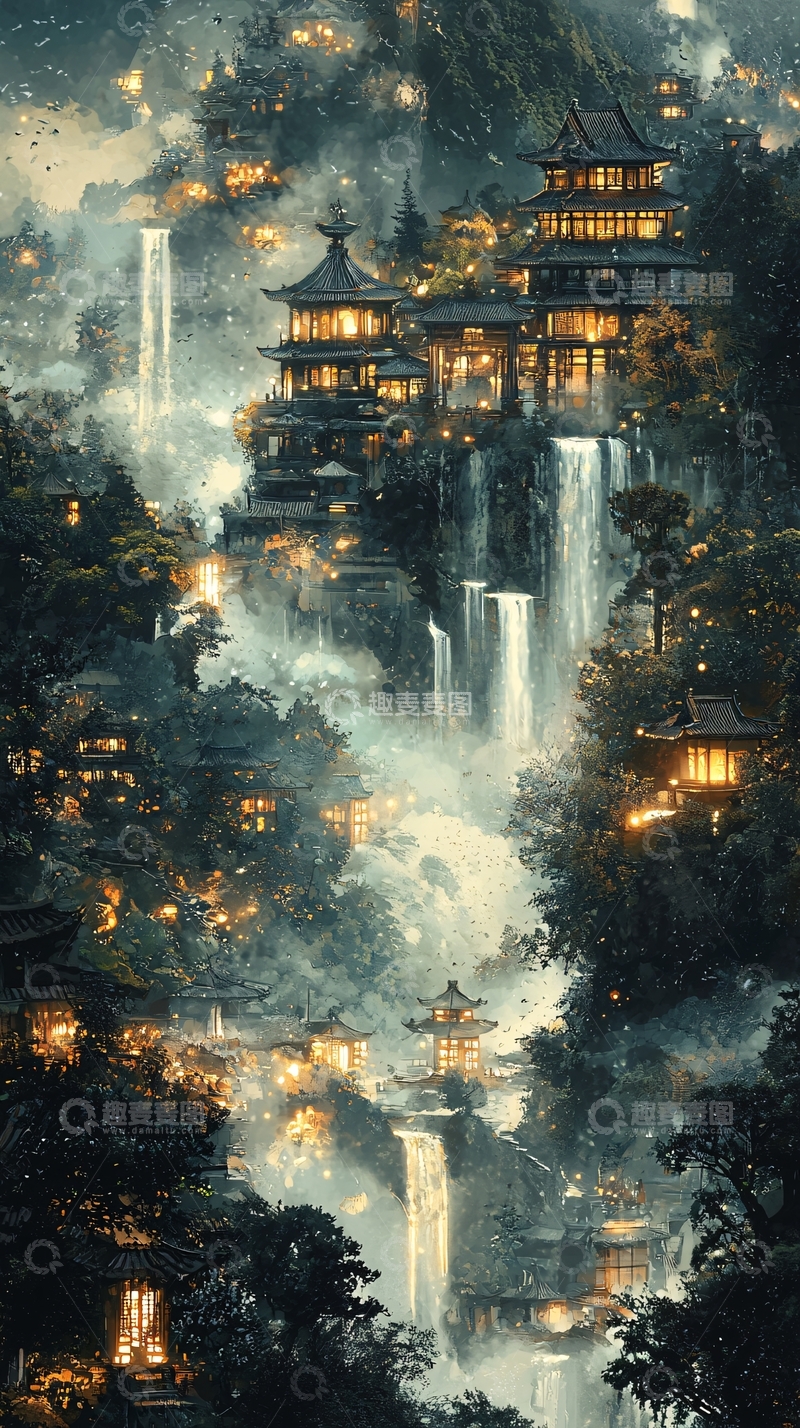 高清大图下载【趣麦麦图】山水瀑布间的中国古建筑群