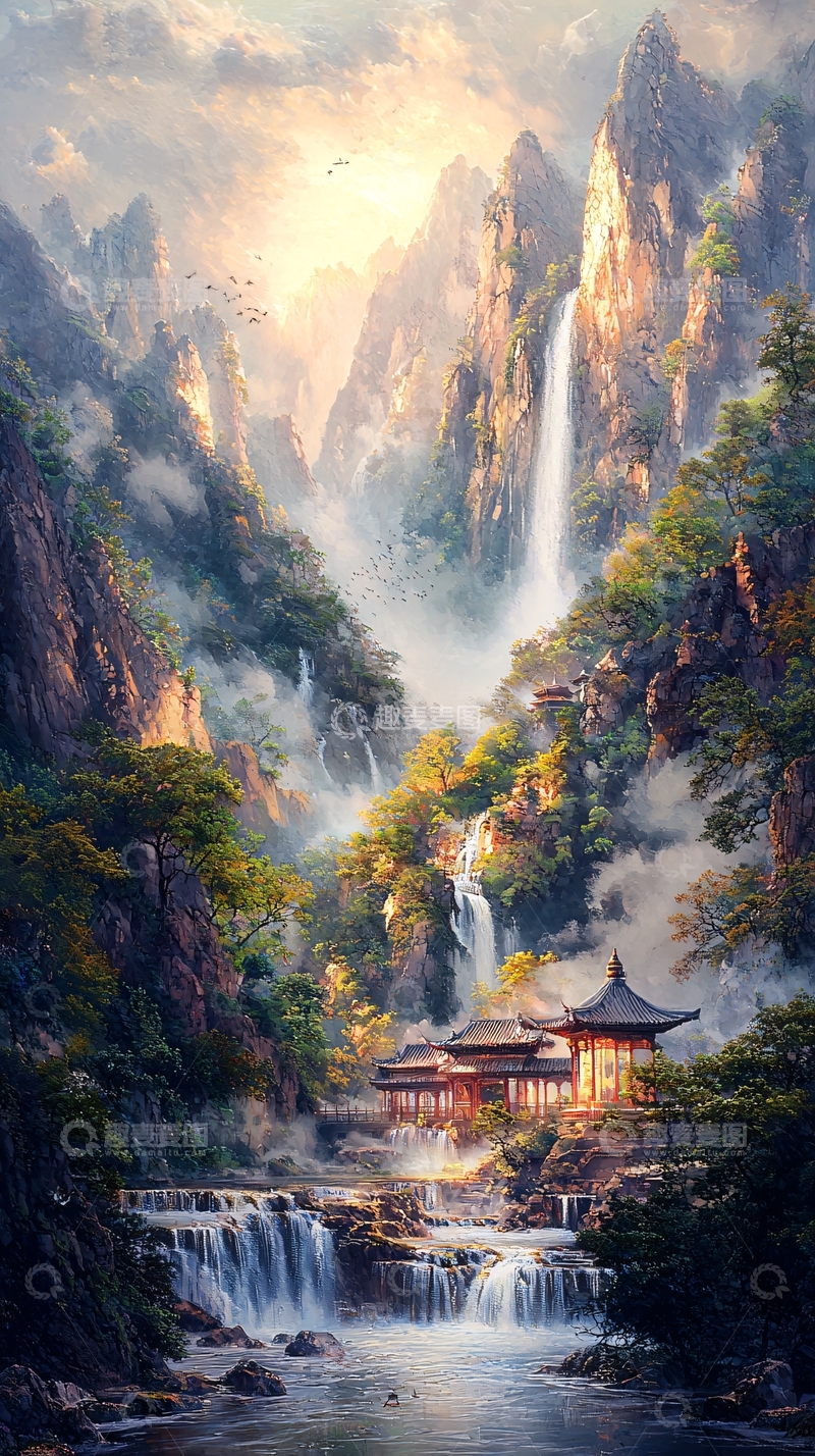 高清大图下载【趣麦麦图】壮丽山水瀑布亭台楼阁