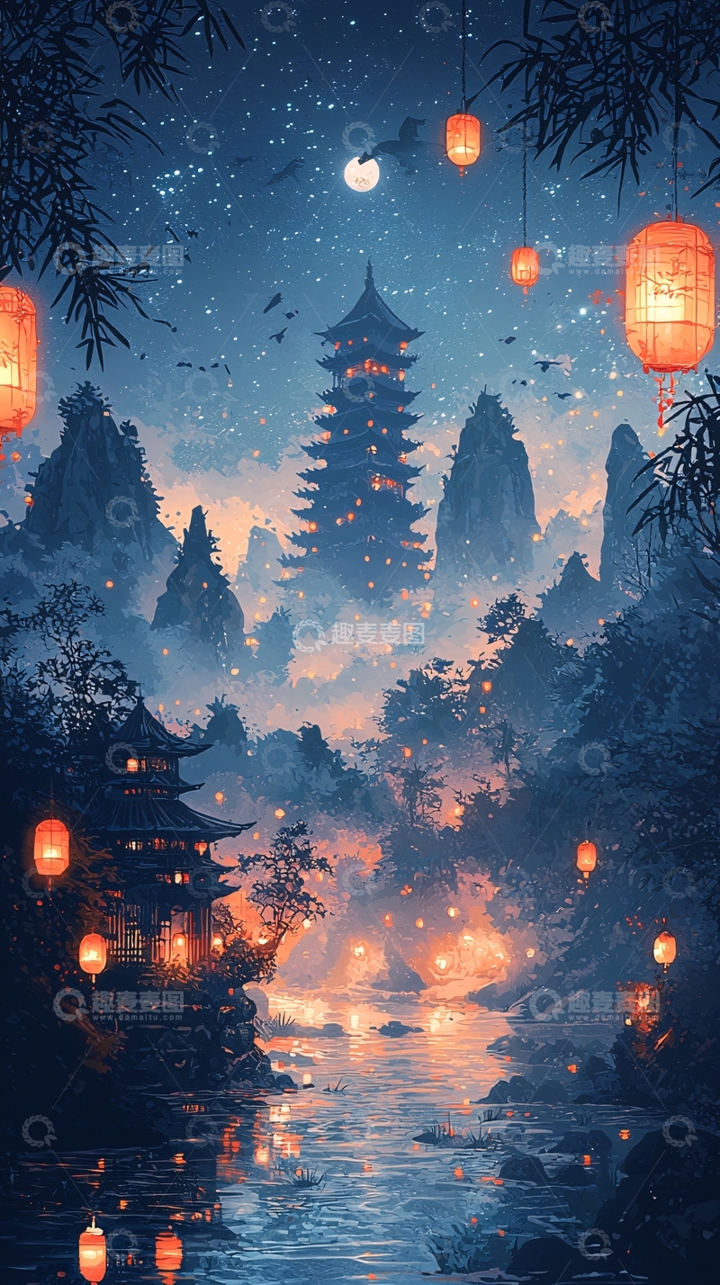 高清大图下载【趣麦麦图】夜景灯笼塔楼中国风