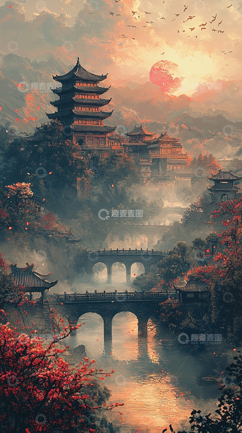 高清大图下载【趣麦麦图】中国风山水建筑水墨画