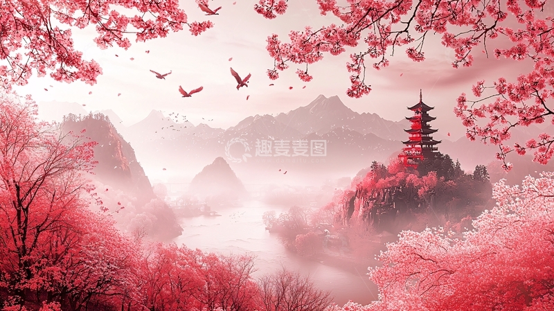高清大图下载【趣麦麦图】樱花盛开的山水景色