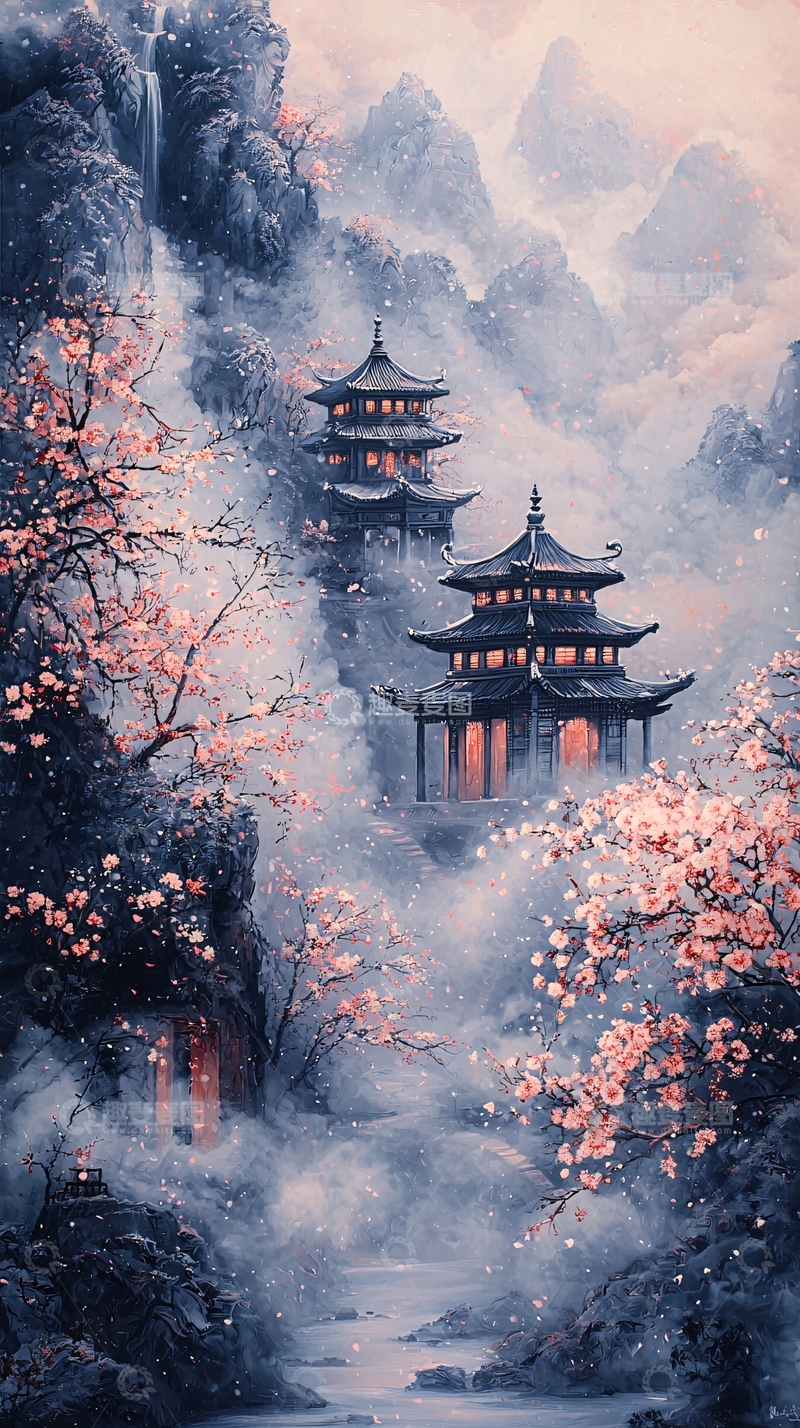 高清大图下载【趣麦麦图】雾气缭绕的山间古建筑