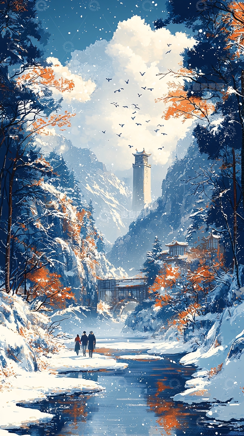 高清大图下载【趣麦麦图】冬日雪景山谷小镇