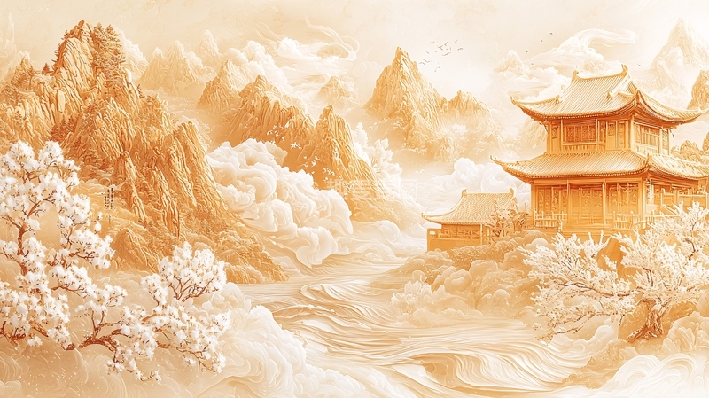 高清大图下载【趣麦麦图】水墨风山水寺庙云雾缭绕