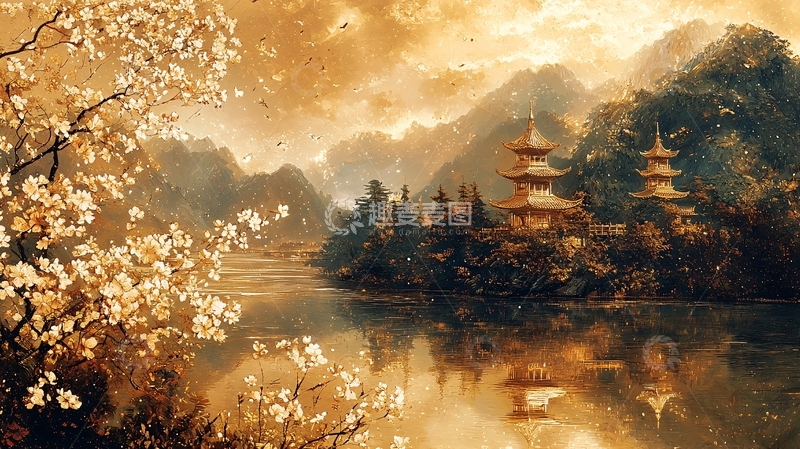 高清大图下载【趣麦麦图】金色夕阳下的日本古寺