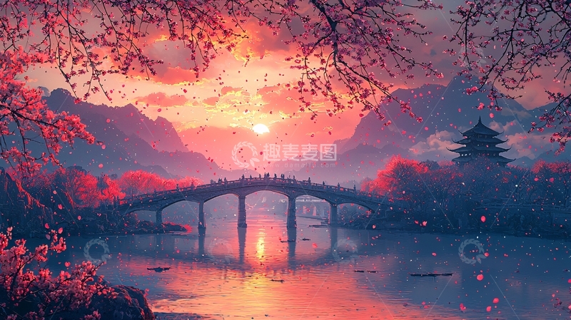 高清大图下载【趣麦麦图】唯美夕阳下的古风桥