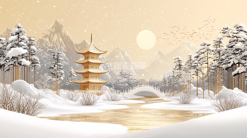 高清大图下载【趣麦麦图】冬日雪景佛塔山水画