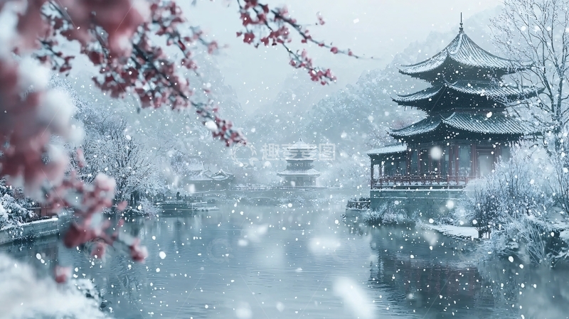 高清大图下载【趣麦麦图】雪中红梅亭台楼阁
