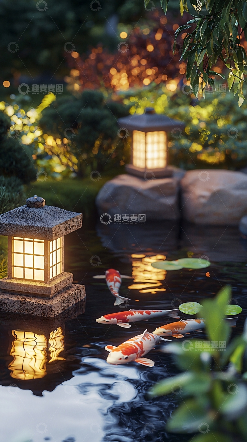 高清大图下载【趣麦麦图】夜间日式庭院鲤鱼灯笼