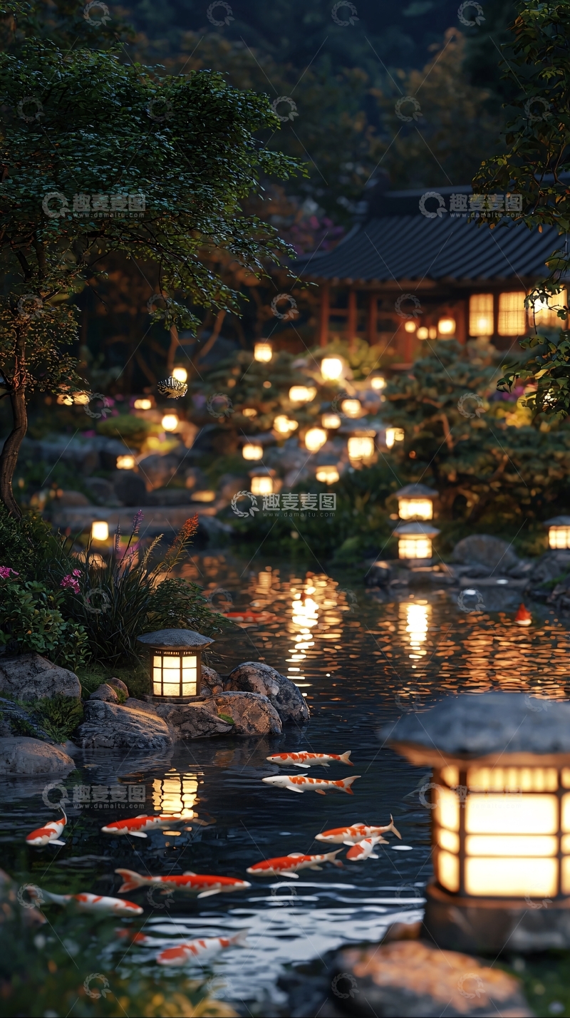 高清大图下载【趣麦麦图】夜晚日式庭院