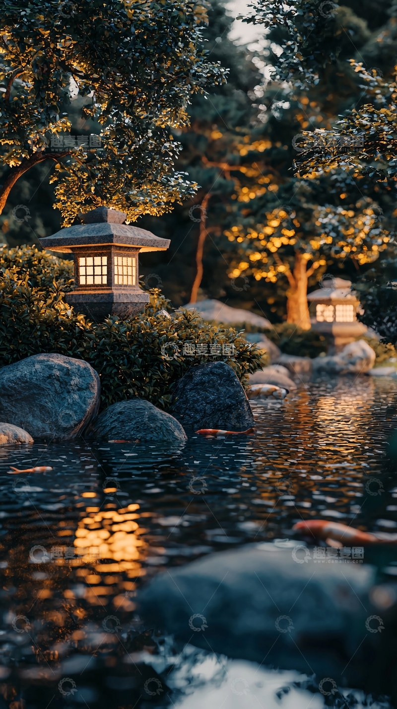 高清大图下载【趣麦麦图】日式庭院夜景