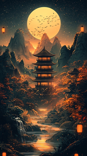 水墨风夜晚山间塔楼明月