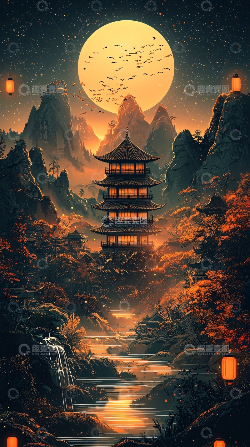 高清大图下载【趣麦麦图】水墨风夜晚山间塔楼明月