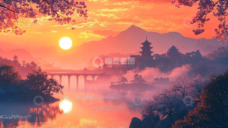 高清大图下载【趣麦麦图】夕阳下的山水国画