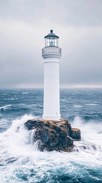 海浪拍打岩石上的白色灯塔