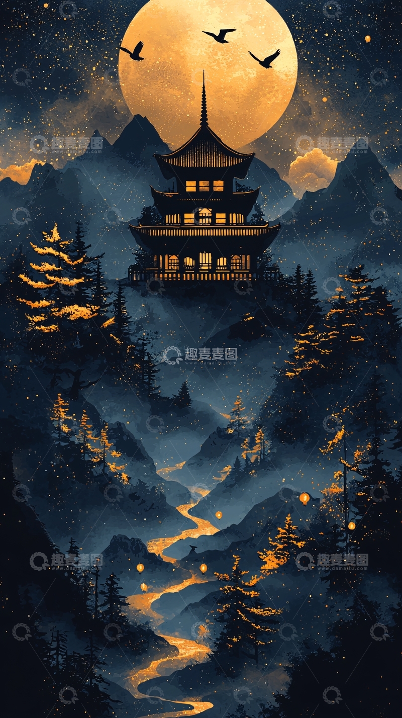 高清大图下载【趣麦麦图】月夜山顶寺庙剪影
