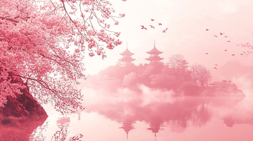 樱花与湖面倒影的唯美风景