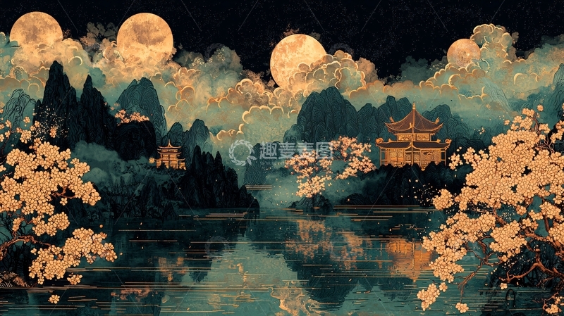 高清大图下载【趣麦麦图】水墨风山水夜景