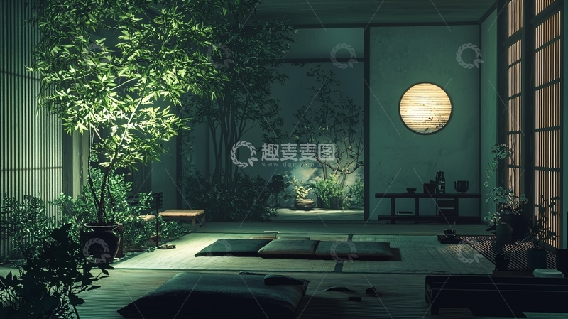 高清大图下载【趣麦麦图】幽静禅意日式庭院室内