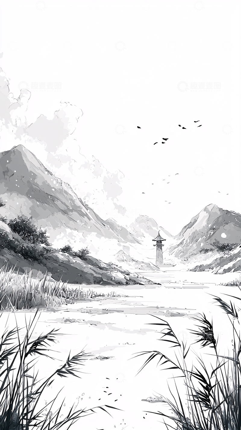 高清大图下载【趣麦麦图】水墨山水间的古塔