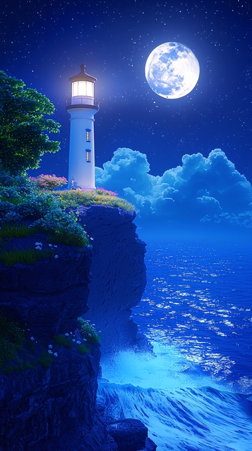 夜晚海崖灯塔明月