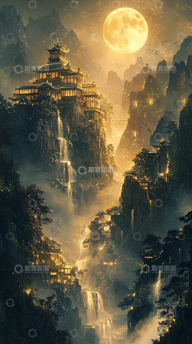 高清大图下载【趣麦麦图】山间明月下的古老建筑