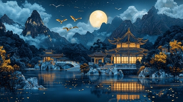 水面倒影下的古风建筑夜景