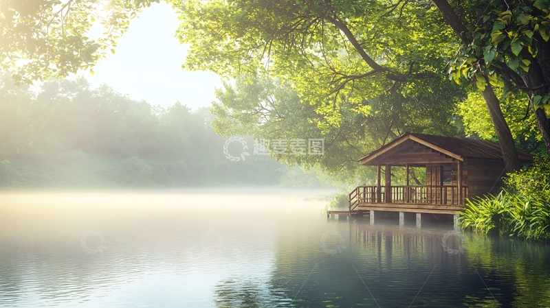 高清大图下载【趣麦麦图】清晨湖边木屋