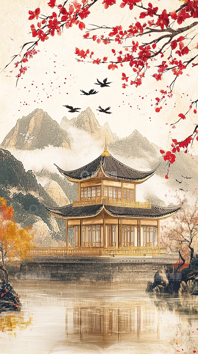 高清大图下载【趣麦麦图】中国风山水亭台飞鸟