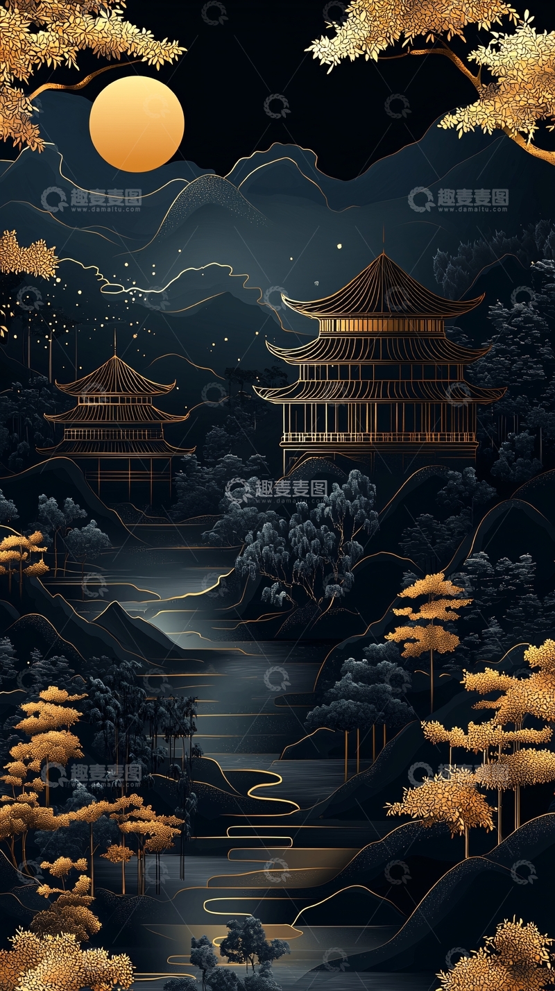 高清大图下载【趣麦麦图】月夜下的古风建筑群