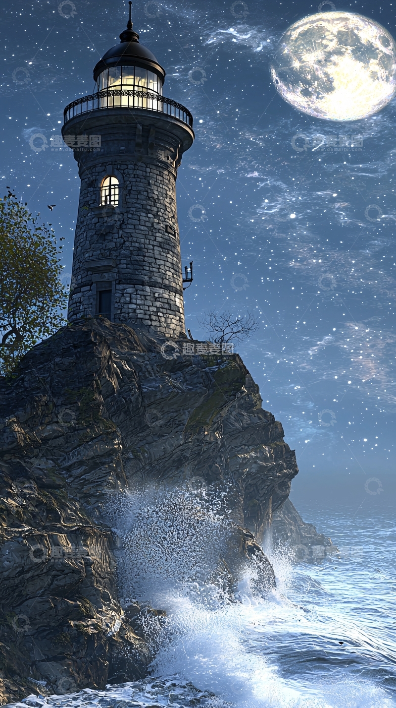 高清大图下载【趣麦麦图】月光下的灯塔