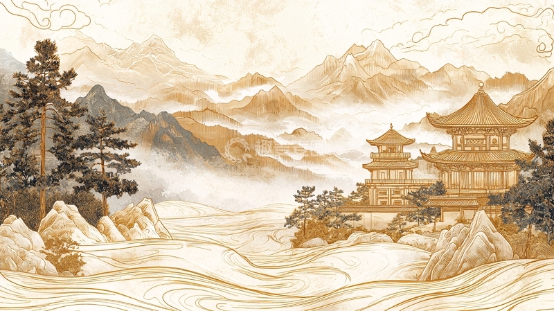 高清大图下载【趣麦麦图】水墨山水古建筑手绘风