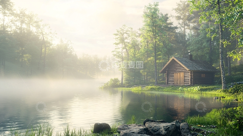 高清大图下载【趣麦麦图】清晨雾气森林木屋
