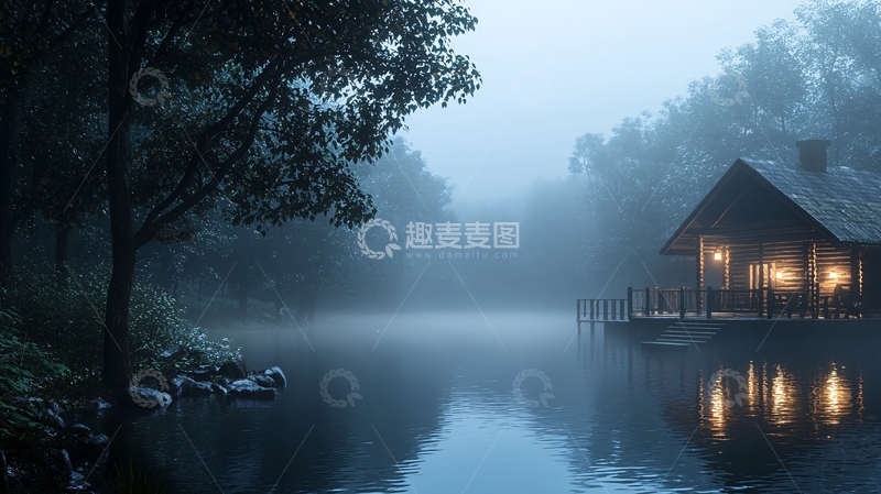 高清大图下载【趣麦麦图】雾气笼罩的湖边小屋
