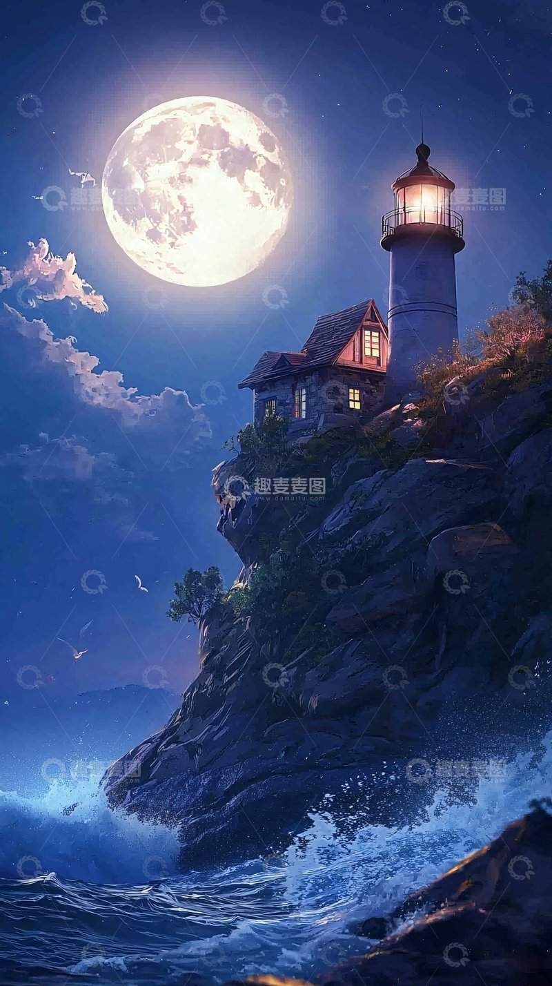 高清大图下载【趣麦麦图】月光下的灯塔